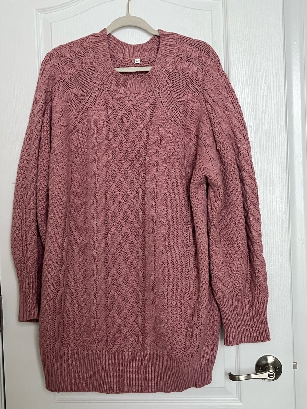 Cozy Cable Knit Crewneck Sweater Dress - Mauve Pink